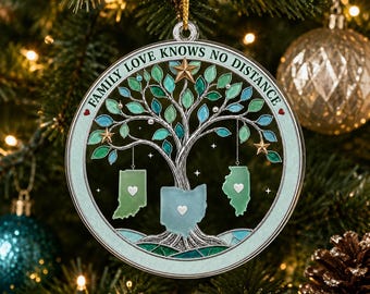 Personalized Family Tree Long Distance Acrylic Ornament, Custom State Map Keepsake, Family Love Knows No Distance Holiday Decor Gift