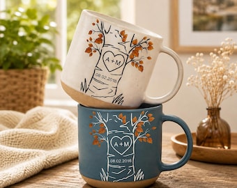 Personalized Carved Tree Pottery Mug, Custom Anniversary Coffee Cup, Couple Initials Mug, Wedding Date Keepsake, Romantic Gift for Him/Her