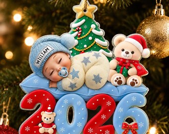 Gepersonaliseerd acryl kerstornament voor de eerste kerst van je baby in 2026, gepersonaliseerde kerstboomdecoratie met een slapende pasgeborene, kerstherinnering, kraamcadeau