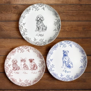 Custom Dog Portrait Jewelry Dish – Chinoiserie Toile Trinket Plate, Personalized Pet Memorial Gift for Dog Mom or Dad