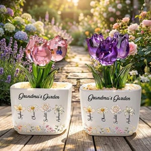 Gepersonaliseerde oma's tuin glazen plantenbak eeuwige tulpen, aangepaste geboortemaand bloempot, boutique oma verjaardagscadeau