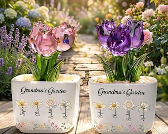 Personalized Grandma’s Garden Glass Everlasting Tulip Planter, Custom Birth Month Flower Pot, Boutique Grandma Birthday Gift