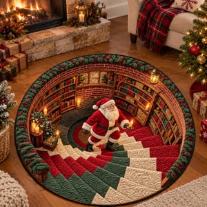 Peut inclure: Un tapis rond présentant une illusion d'optique 3D d'un escalier en colimaçon dans une bibliothèque avec des murs en briques et des étagères. Le Père Noël se tient au centre vêtu d'un costume rouge. La bordure est ornée de guirlandes de pin.
