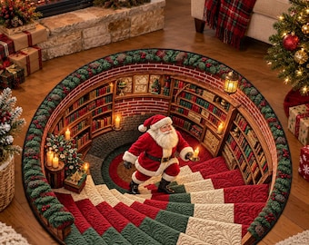 Può includere: Un tappeto rotondo con un'illusione ottica 3D di una biblioteca circolare con muro di mattoni, scaffali e una scala. Babbo Natale si trova al centro con un abito rosso con finiture bianche. Il bordo è decorato con ghirlande di pino.