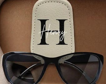 Personalized Leather Sunglasses Holder for Car Visor, Custom Monogram Initial With Name Glasses Clip, Unique Birthday Gift for Him