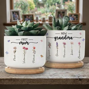 Erste Mutter jetzt Oma Pflanzgefäß, benutzerdefinierte Geburts-Blumen-Sukkulenten-Töpfe, Muttertagsgeschenk, Familiengarten mit den Namen von Kindern und Enkelkindern