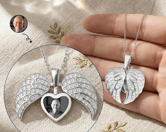 Collana con ciondolo a forma di ala d'angelo e foto personalizzata, ciondolo commemorativo personalizzato, ciondolo a cuore con foto nascosta, regalo di condoglianze per la perdita di una persona cara.