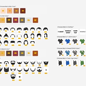 Puede incluir: Gr&aacute;fico con opciones para personalizar un avatar masculino. Las opciones incluyen tonos de piel, colores y estilos de cabello, colores y estilos de barba, y opciones de ropa como camisetas, camisas hawaianas y camisetas sin mangas.