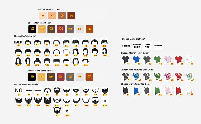 Puede incluir: Gr&aacute;fico con opciones para personalizar un avatar masculino. Las opciones incluyen tonos de piel, colores y estilos de cabello, colores y estilos de barba, y opciones de ropa como camisetas, camisas hawaianas y camisetas sin mangas.