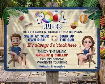 Letrero metálico personalizado con las reglas de la piscina, decoración divertida para la piscina, letrero personalizado para la familia, decoración para fiestas en el estanque del patio trasero, regalo de arte de pared para la playa de verano