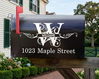 Vinilo decorativo personalizado para buzón con monograma y dirección, nombre familiar personalizado, letras decorativas para buzón, envoltorio para buzón, regalo de boda