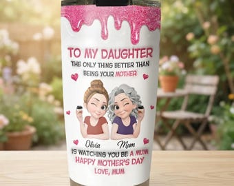 Personalized Watching You Be A Mom Tumbler, Custom Mom Daughter Animated Travel Mug, Pink Glitter Drip Coffee Cup, Mother's Day Keepsake