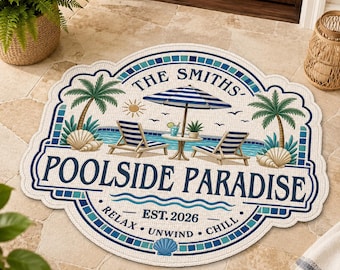 Personalized Blue Tile Coastal Patio Mat, Custom Poolside Family Name Rug, Pool House Mat, Summer Welcome Mat