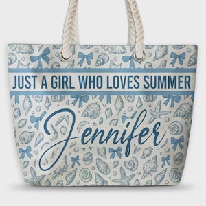 Personalized Beach Bag with Name – Just a Girl Who Loves Summer Tote, Custom Vacation Pool Bag, Seaside Beach Tote Gift for Her