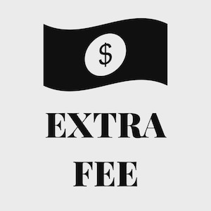 May include: Black and white graphic with a dollar sign inside a white circle, set against a black flag. The words "EXTRA FEE" are displayed in bold, black letters below the flag.