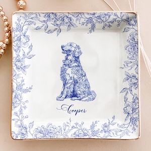 Personalized Dog Breed Jewelry Dish: Toile de Jouy Ceramic Trinket Tray