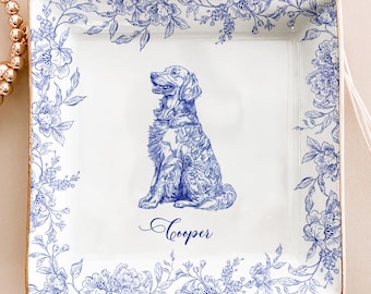 Personalized Dog Breed Jewelry Dish: Toile de Jouy Ceramic Trinket Tray