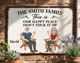 Letrero metálico personalizado "Lugar feliz", letrero con nombre familiar personalizado, decoración divertida para parejas, letrero "No lo arruines", regalo de inauguración de casa