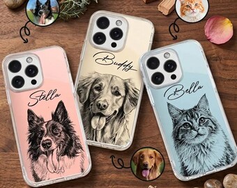 Funda para teléfono con retrato personalizado, funda para iPhone con boceto fotográfico personalizado, regalo conmemorativo para mascotas estilo dibujo a mano, funda para teléfono de boutique