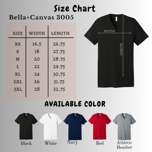 Puede incluir: Una camiseta negra con cuello en V con una tabla de tallas y opciones de color. La tabla de tallas muestra medidas en cm para anchos que van de 41,9 a 71,1 cm y largos de 67,9 a 83,2 cm. Los colores disponibles son negro, blanco, azul marino, rojo y gris jaspeado.
