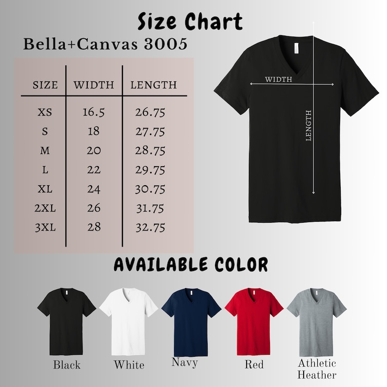 Puede incluir: Una camiseta negra con cuello en V con una tabla de tallas y opciones de color. La tabla de tallas muestra medidas en cm para anchos que van de 41,9 a 71,1 cm y largos de 67,9 a 83,2 cm. Los colores disponibles son negro, blanco, azul marino, rojo y gris jaspeado.