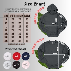Puede incluir: Una tabla de tallas para sudaderas y sudaderas con capucha de mezcla pesada. La tabla incluye medidas en pulgadas para las tallas S a 4XL, con dimensiones de ancho, largo y manga. Los colores disponibles son blanco, rojo, azul marino, gris deportivo, negro y rosa claro.