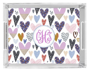 Acrylic tray personalized name or monogram hearts print