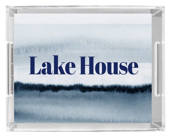 Lucite  Serving Tray blue watercolor custom name and text Lake House