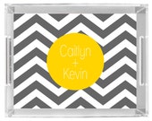 Lucite Serving Tray Personalized custom monogram tray in grey and yellow chevron