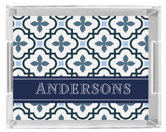Acrylic Serving Tray Personalized custom monogram navy Portuguese tile