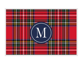 Personalized laminated placemat Holiday Fall Design Red Plaid monogram