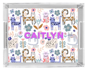 Acrylic tray personalized name or monogram cats and florals print