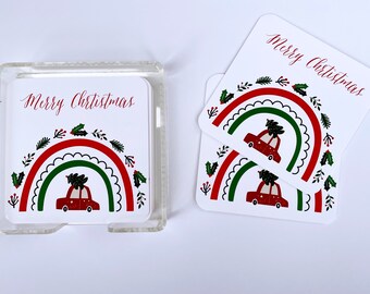 Christmas Rainbow coasters Ready to ship Holiday Gift with Acrylic holder