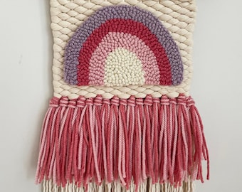 Woven wall hanging with rainbow accent fiber art weaving and punch needle embroidery
