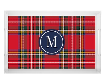 Acrylic personalized holiday tray red plaid  tray Christmas tray gift tray