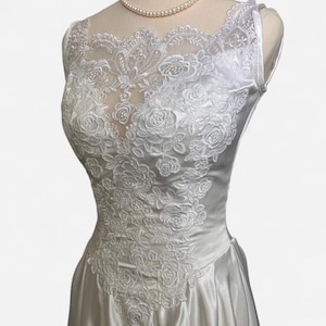 1980s vintage white satin & lace wedding dress with pearl buttons