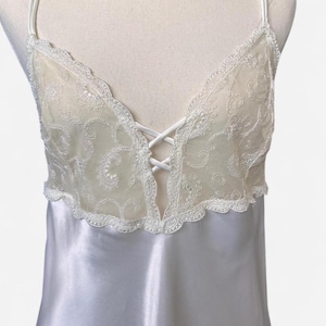 90s Vintage White satin and ecru lace bridal slip