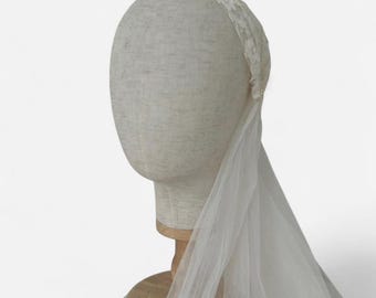 Authentic 1960s restored cream lace and white tulle Juliet cap blusher wedding veil