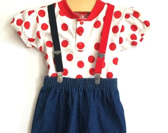 Baby Denim Trousers With Polka Dot Shirt and Suspenders