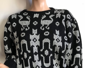 Vintage 70s Size XL Colorful Losange Pattern Collared Sweater 70s/90s Geometric Scottish School Wool Ikat Pattern Retro Sweater Boho