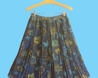 Vintage 60s Blue Floral Accordion Pleated Skirt