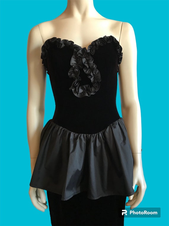 Strapless Black Velvet 80s Dress