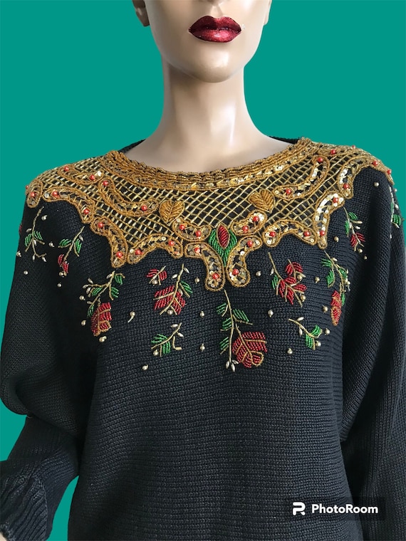 Women's Large Black Sequined and Beaded Sweater - image 1