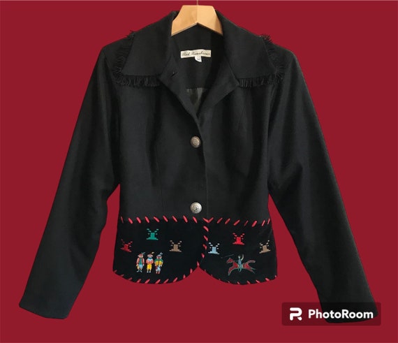 Black Wool Native American Inspired Trim Blazer - image 1