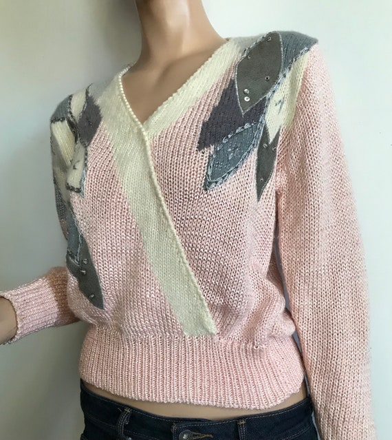 80s Light Pink and Cream Sweater - image 4