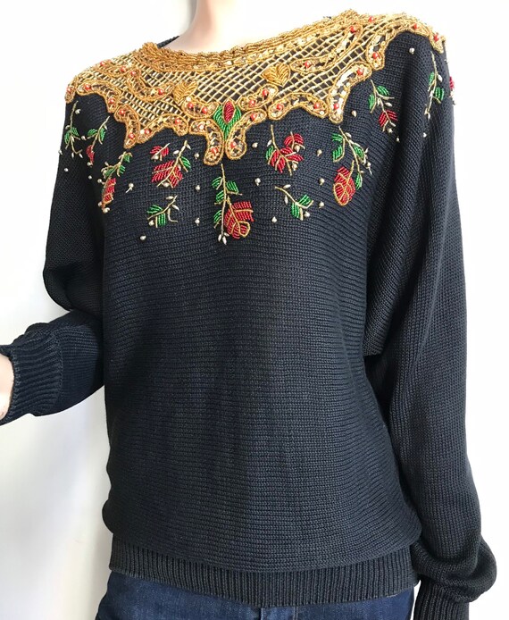 Women's Large Black Sequined and Beaded Sweater - image 5