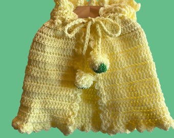 Pale Yellow Crocheted Baby Cape with Pom Poms