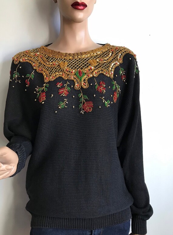 Women's Large Black Sequined and Beaded Sweater - image 2