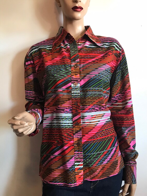 Large 70s Glitchy Stripe Button Down Shirt - image 9