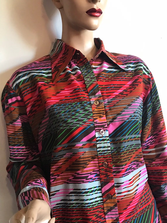 Large 70s Glitchy Stripe Button Down Shirt - image 3